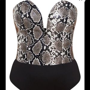 Grey Snake Print Faux Leather V Bandeau Bodysuit